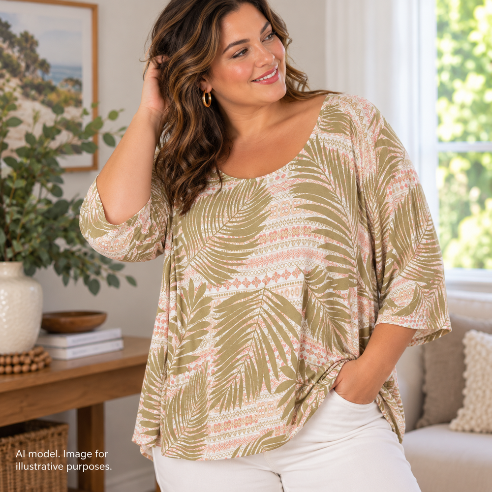 Ruby Road Shirt Women 2X Khaki Pink Palm Floral Geo Flowy Soft Stretch Lux Tunic